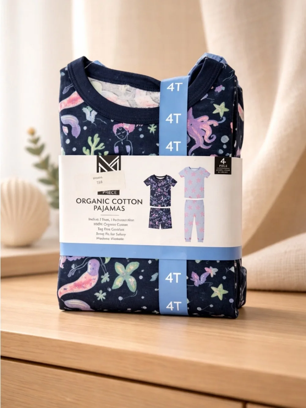 NWT Members Mark Girls Blue 2 Cotton Pajama Sets Sea Creatures & Stars - Size 4T
